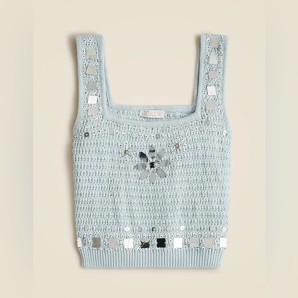 NWT J. Crew Sky Blue Sweater Tank w/Hand-embellished Mirrors, size XL